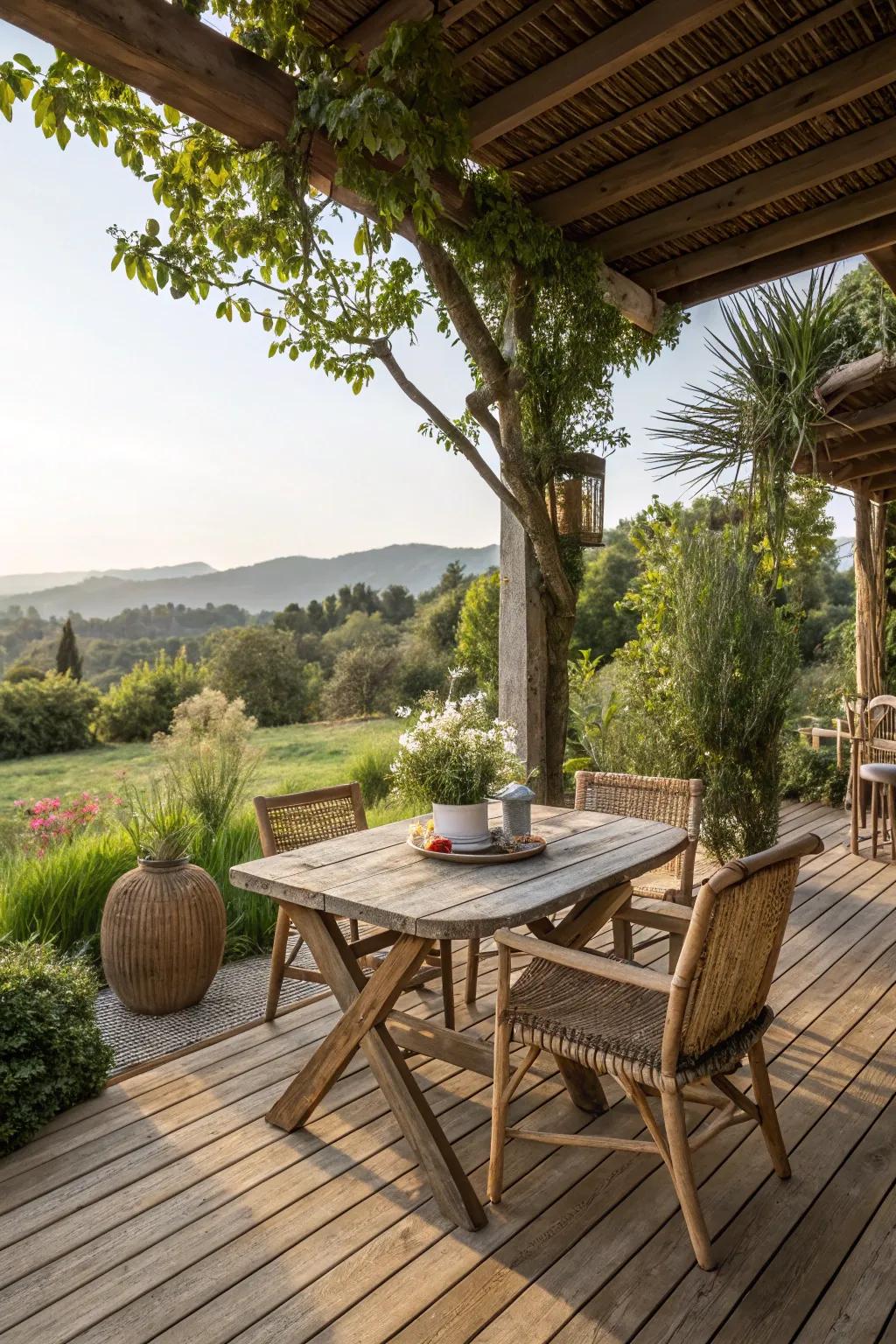 A rustic retreat vibe on a 20x20 deck.