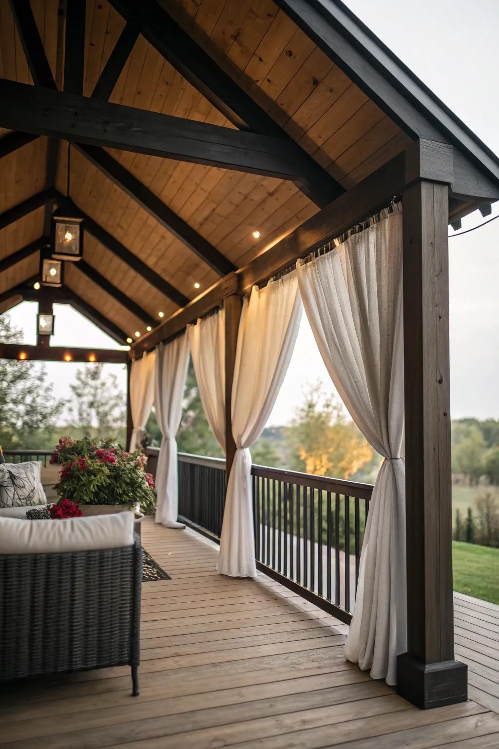 Weatherproof features ensure this porch is cozy in any season.