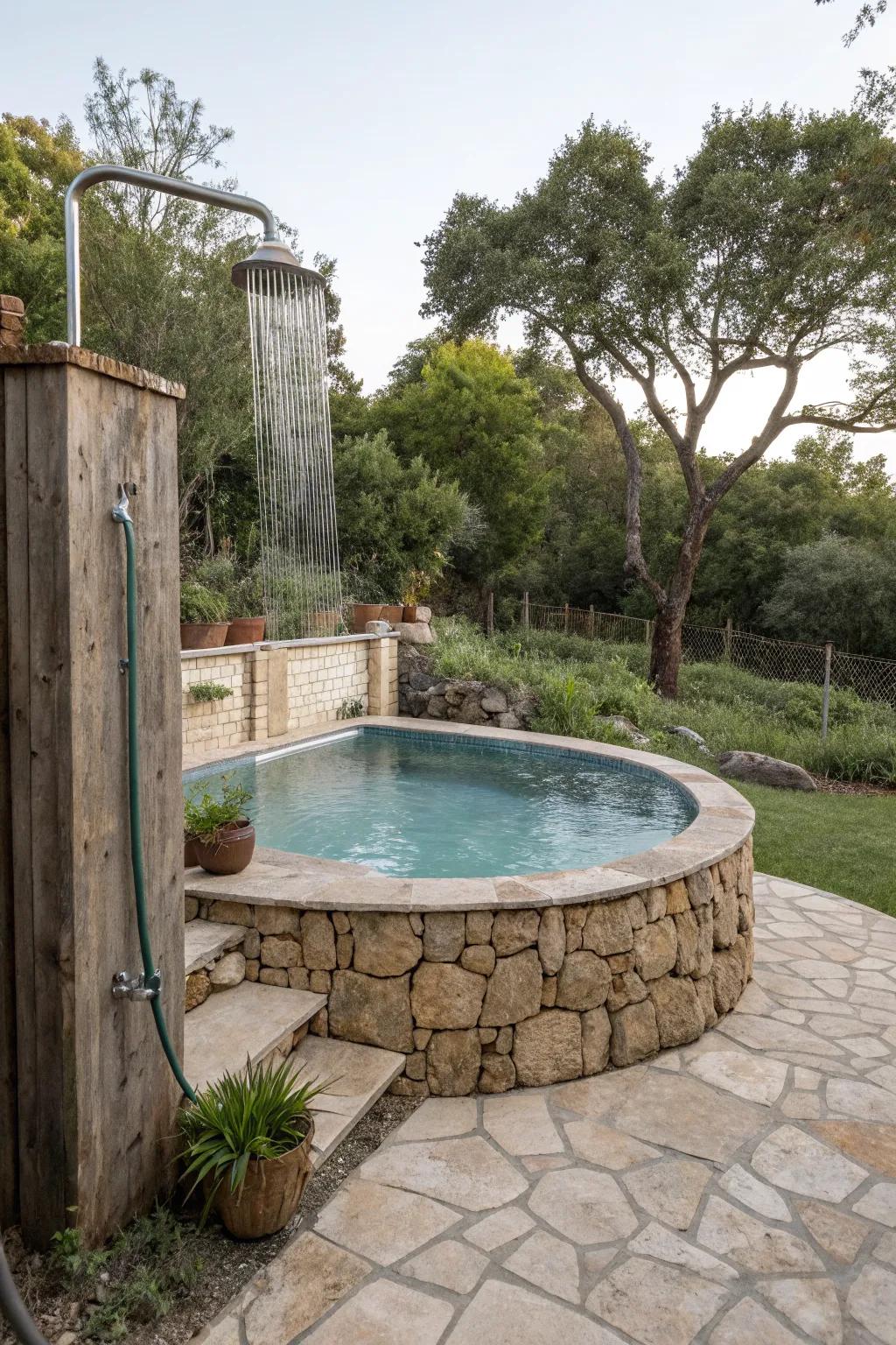 An outdoor shower adds convenience and a touch of luxury to your pool area.