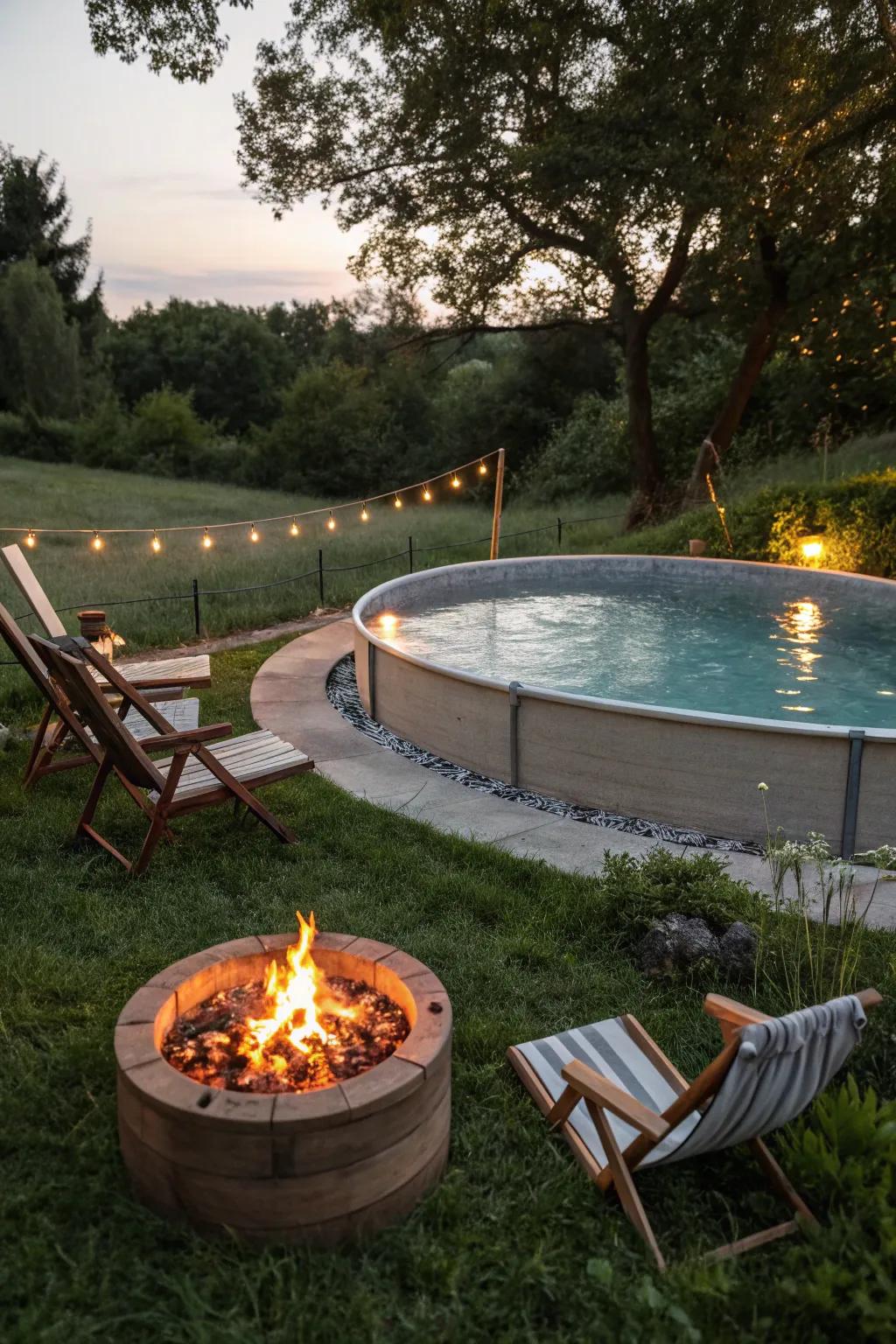 A fire pit adds warmth and invites cozy gatherings around your pool.