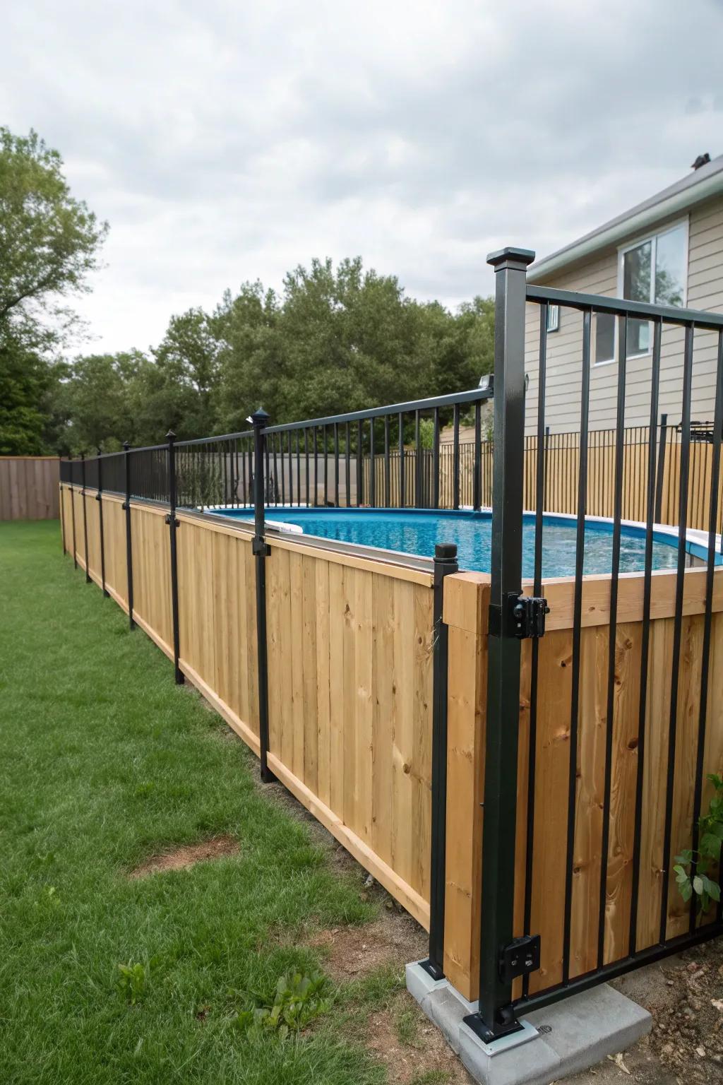 Wood and metal create a contemporary, sturdy privacy fence.