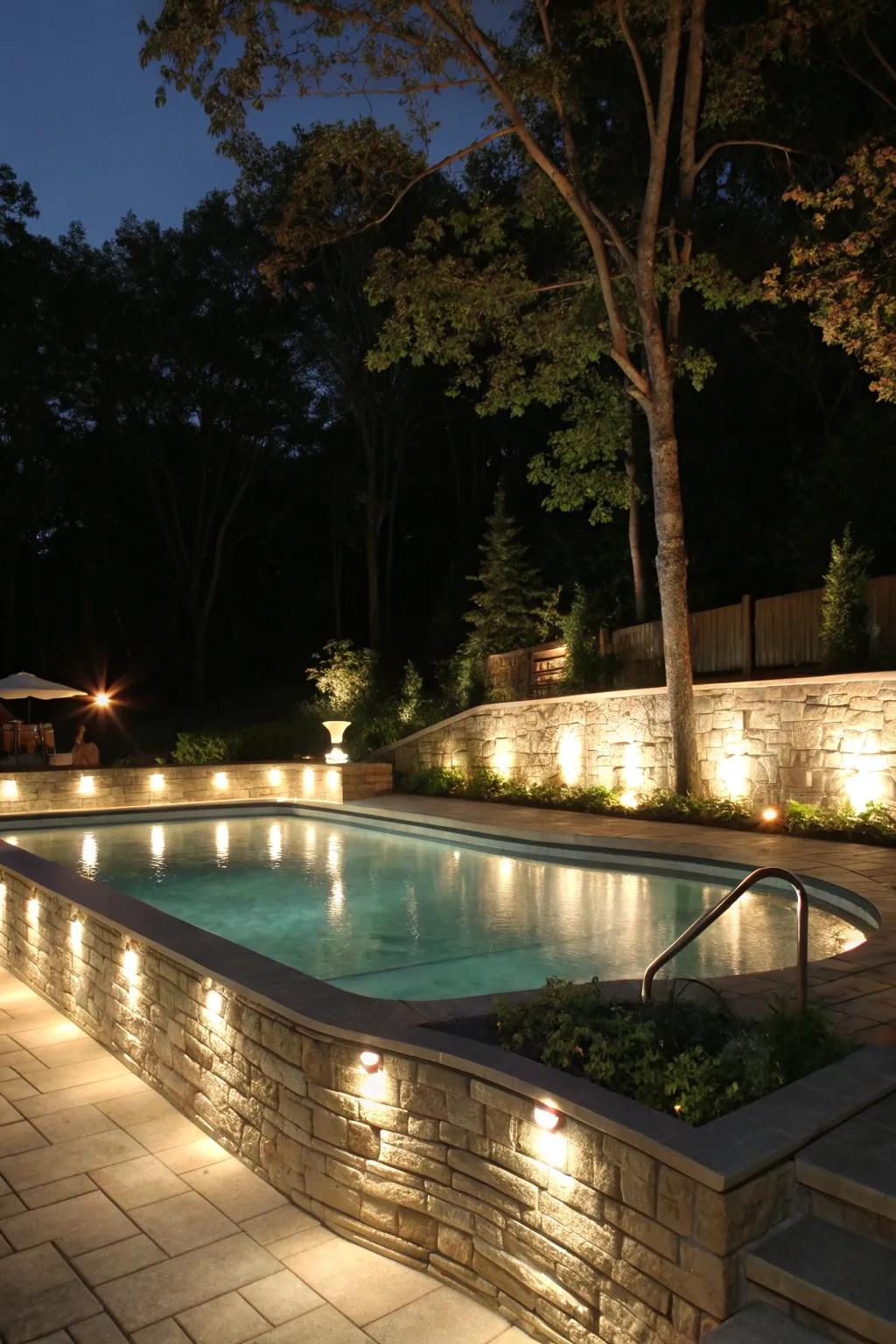 Lighting accents add a magical touch after dark.