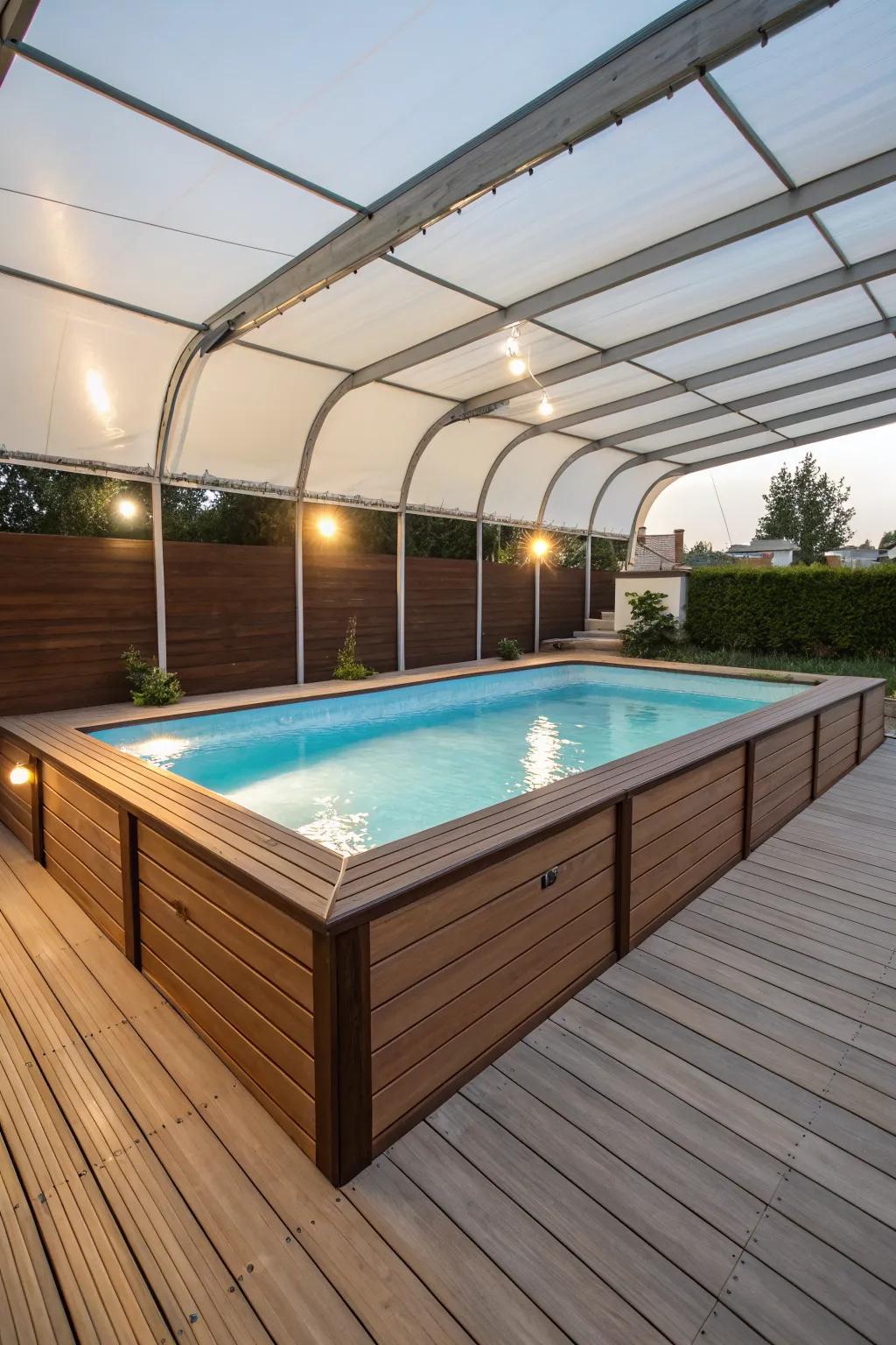 A unified pool and deck appearance with matching wood panel coverage.