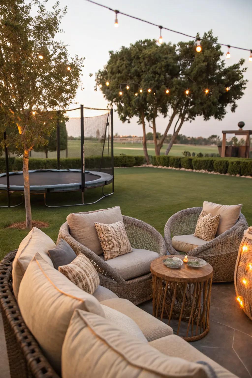 A seating area offers comfort and supervision next to the trampoline.