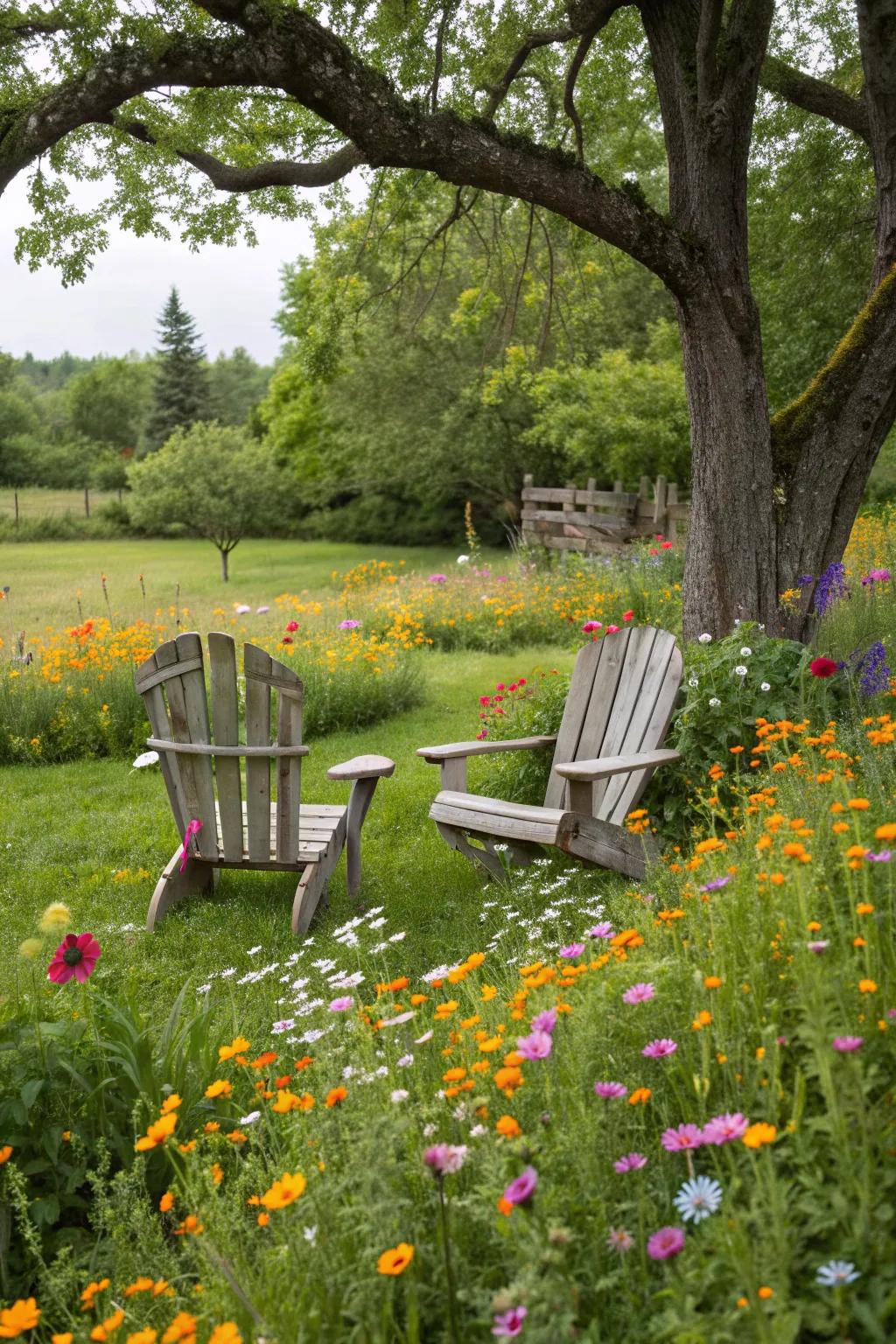 Wildflowers bring a touch of whimsy to Adirondack seating.