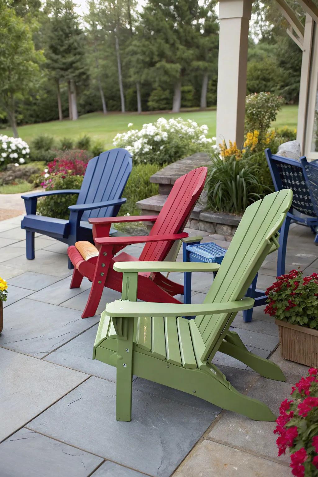 Mix and match Adirondack chairs for a quirky patio style.