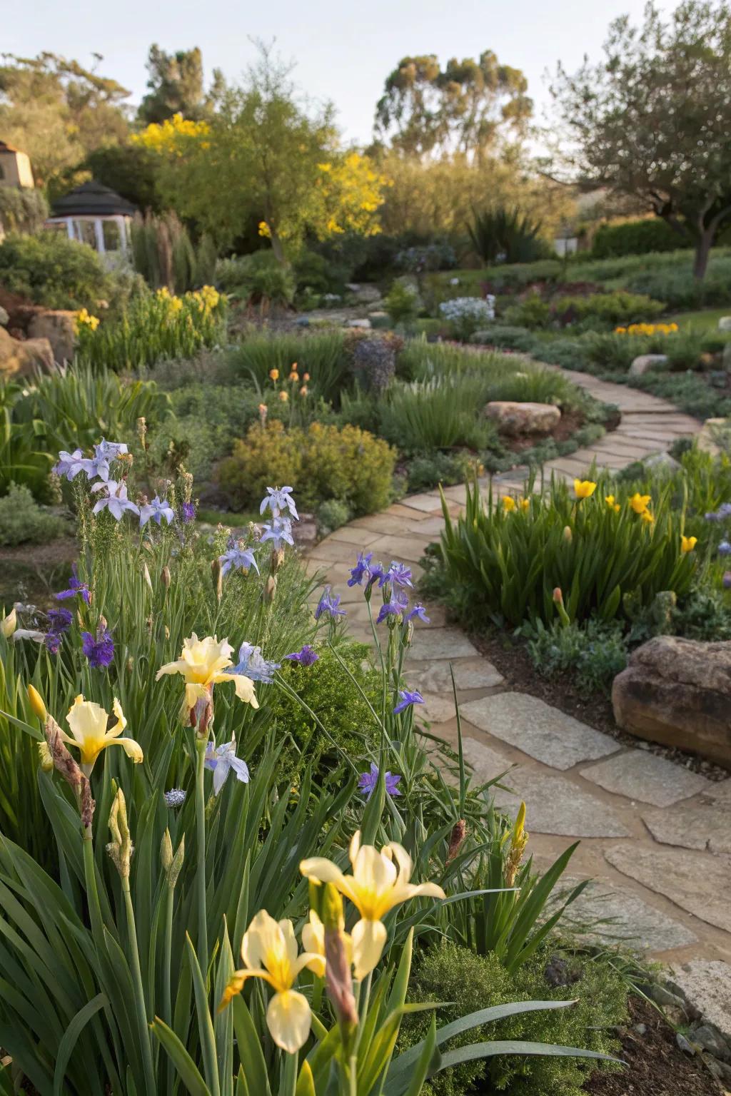 African irises enhance eclectic garden compositions with their versatility.