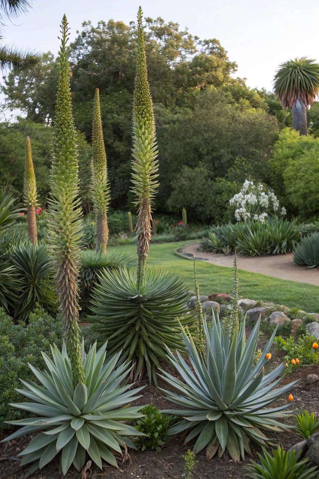 Agave as living sculptures in an artful garden.
