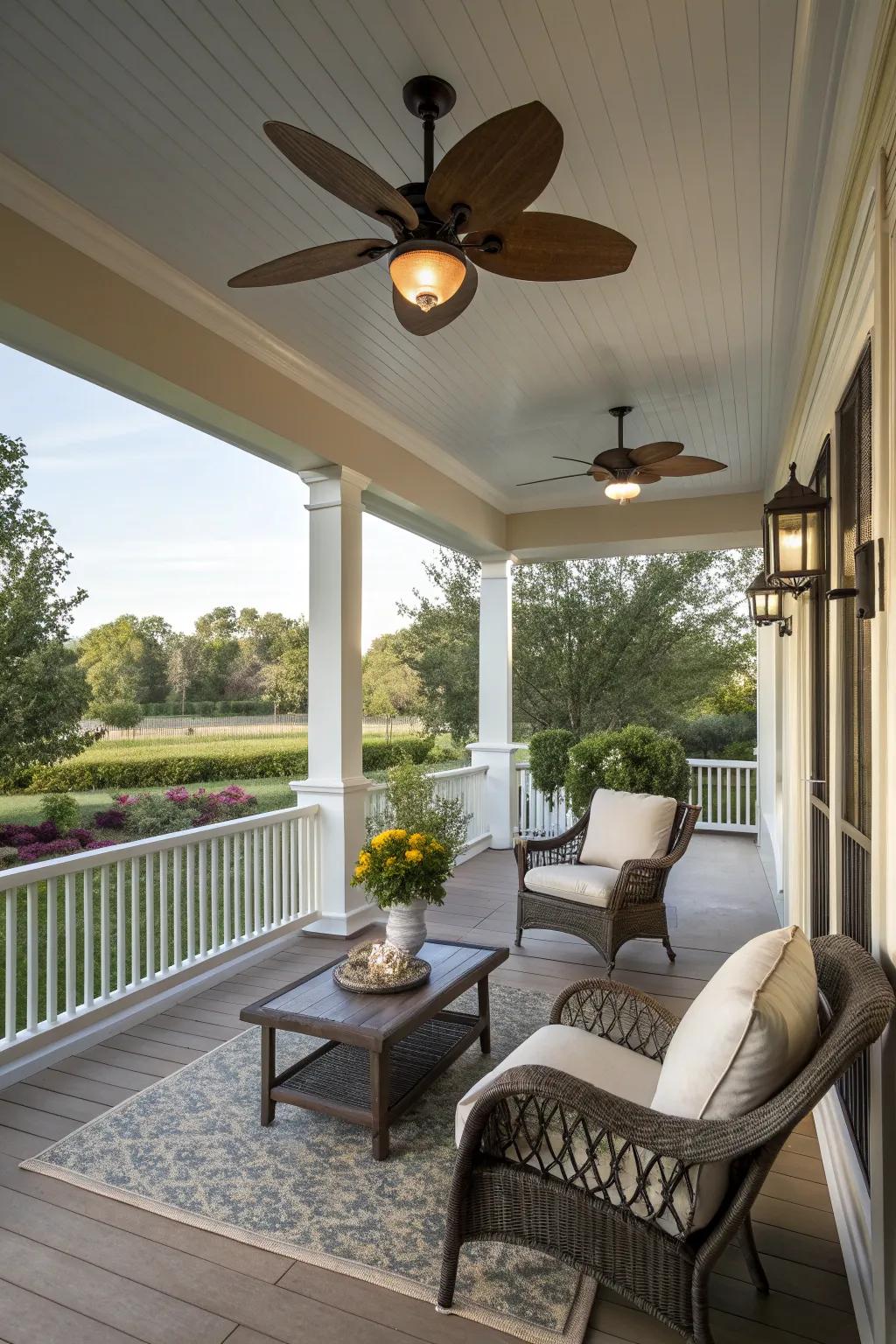 Overhead fans keep your porch cool and breezy.