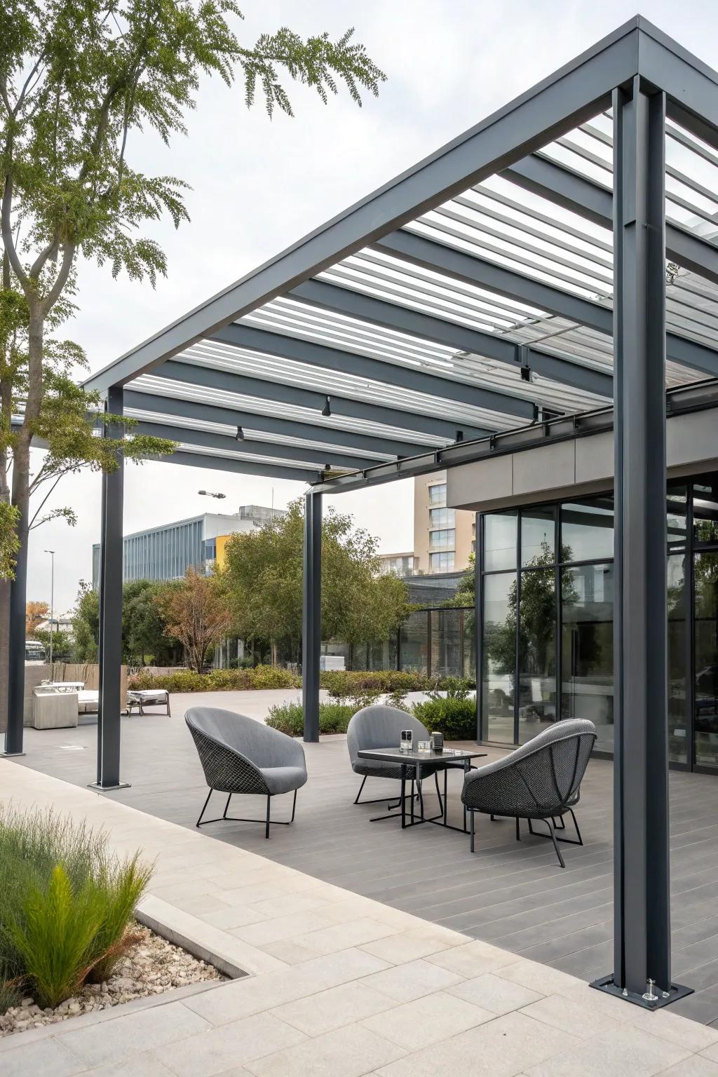 An industrial-style aluminum pergola with a modern edge.