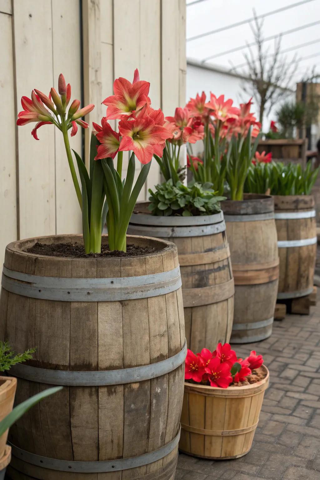 Rustic containers with amaryllis for a cottage-like charm.
