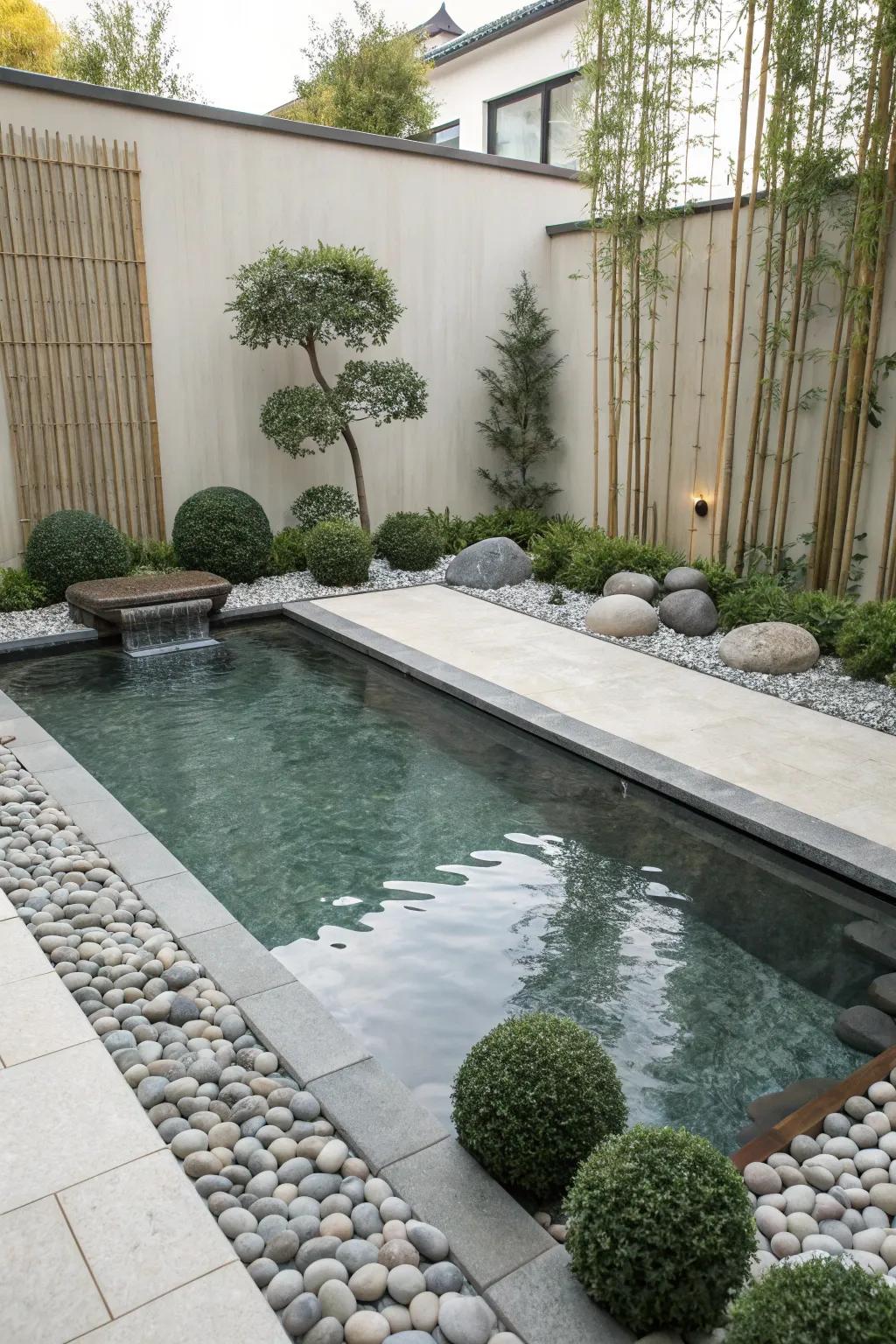 A pool surrounded by a serene Zen garden, exuding tranquility.