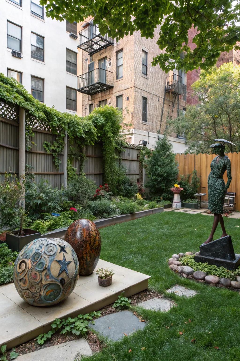 Unique outdoor art and sculptures adding character to an apartment backyard.