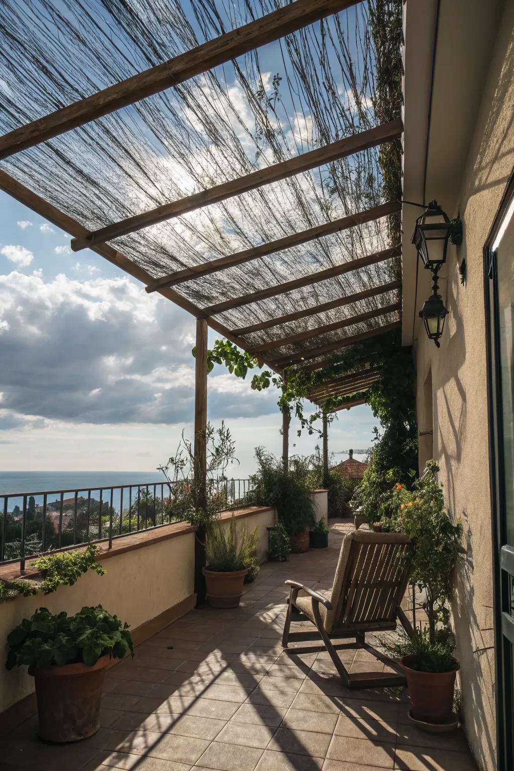 A cane roof pergola adds rustic charm and effective shading.