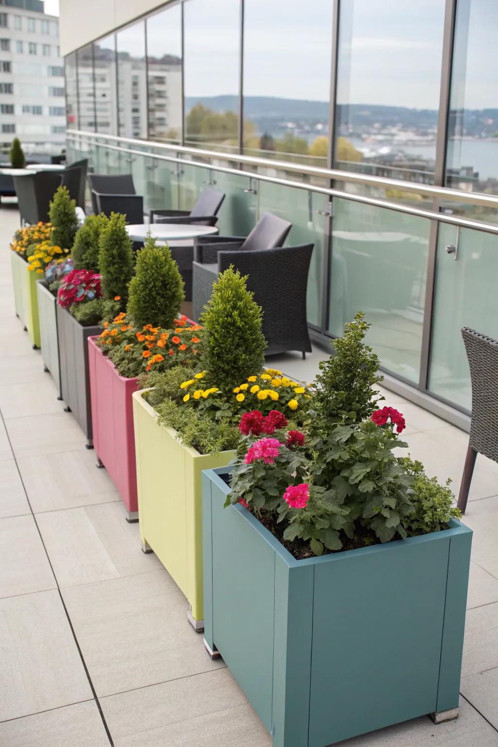 Create a harmonious outdoor space with color-coordinated planters.