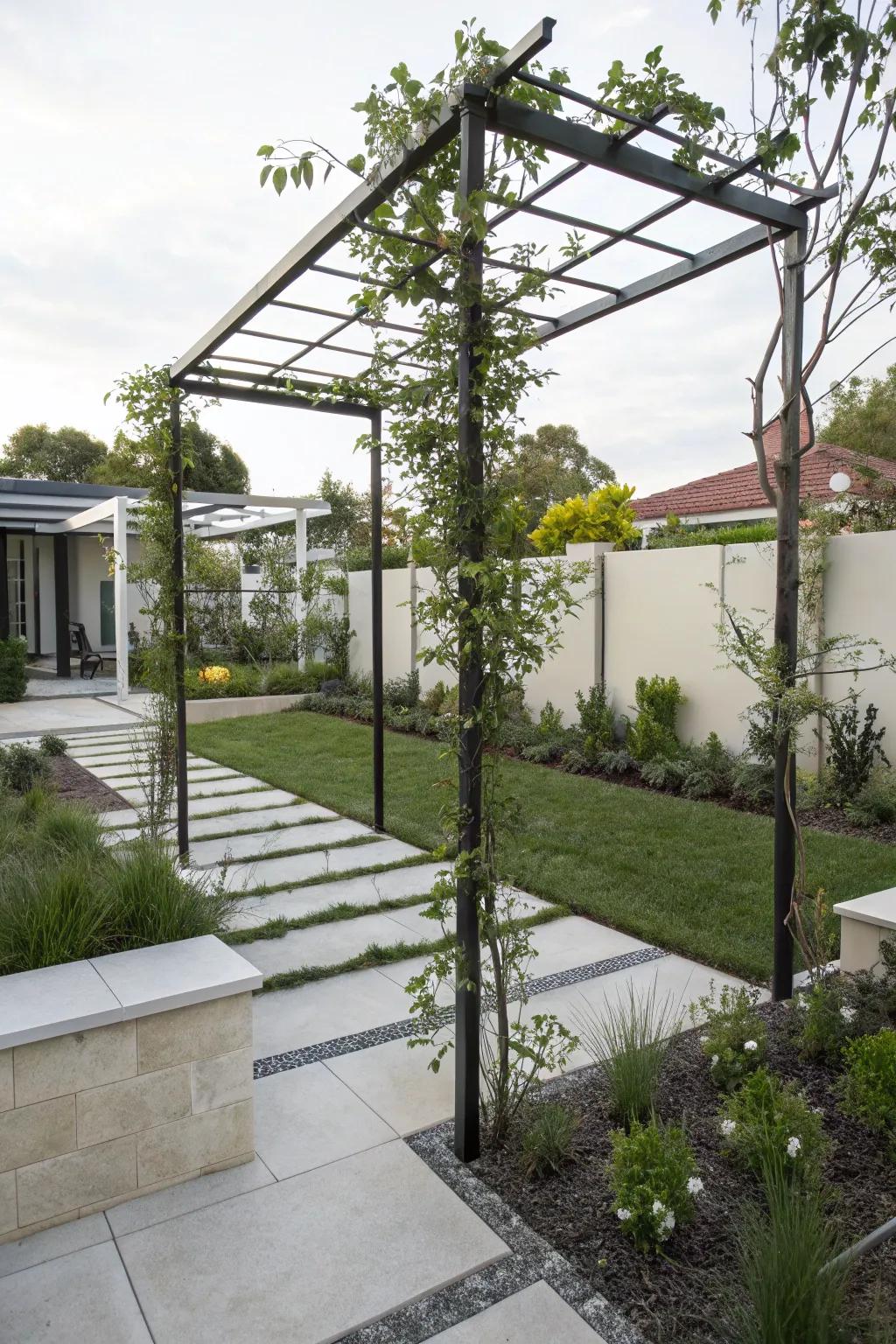 Minimalist metal and greenery provide a sleek, modern look.