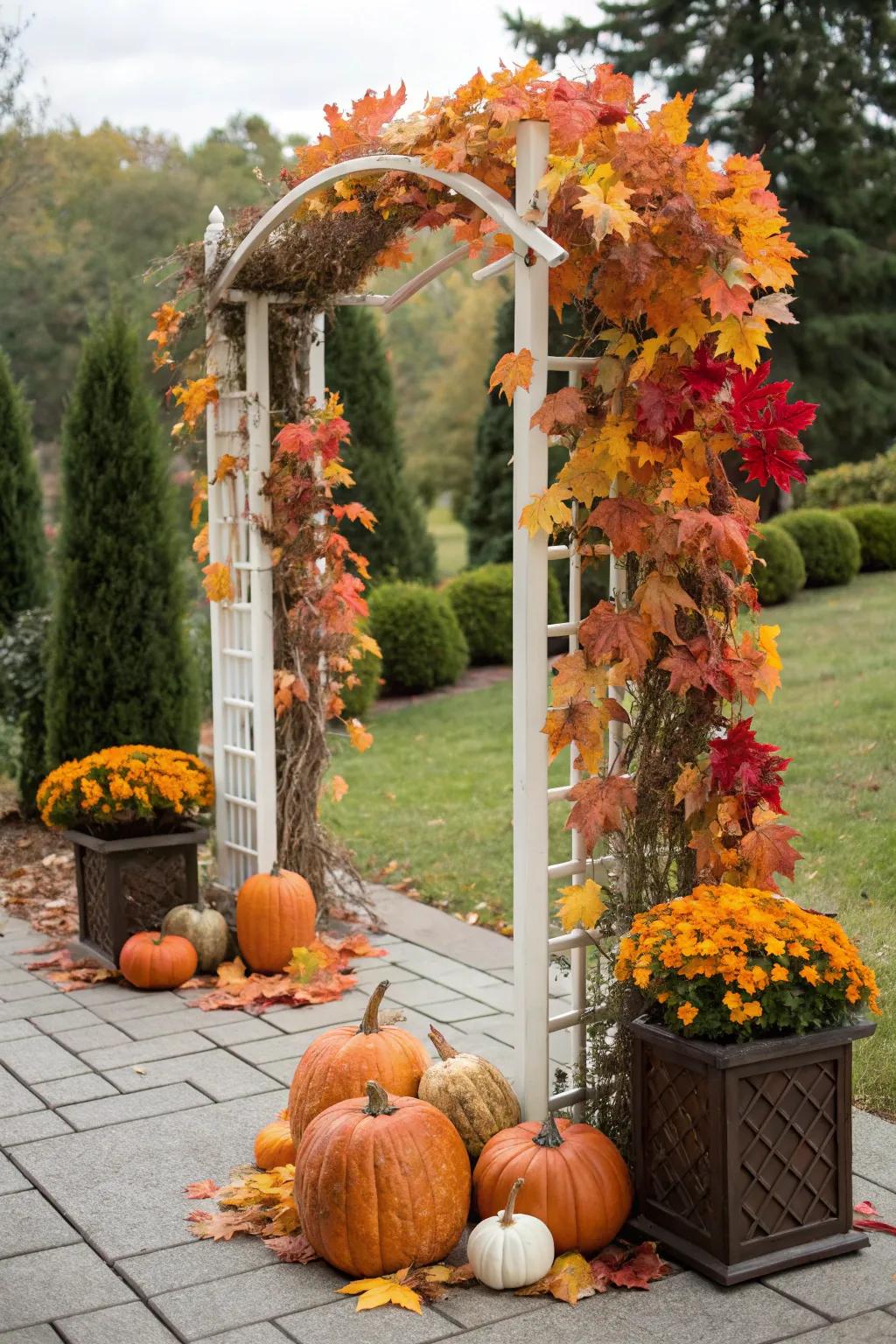 Seasonal decorations on a trellis, bringing a festive touch to the garden.