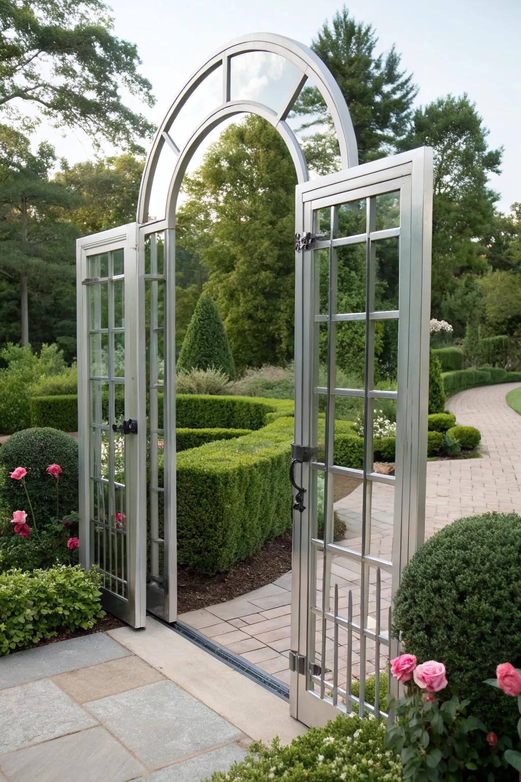 A modern fusion of metal and glass in an arched garden gate.