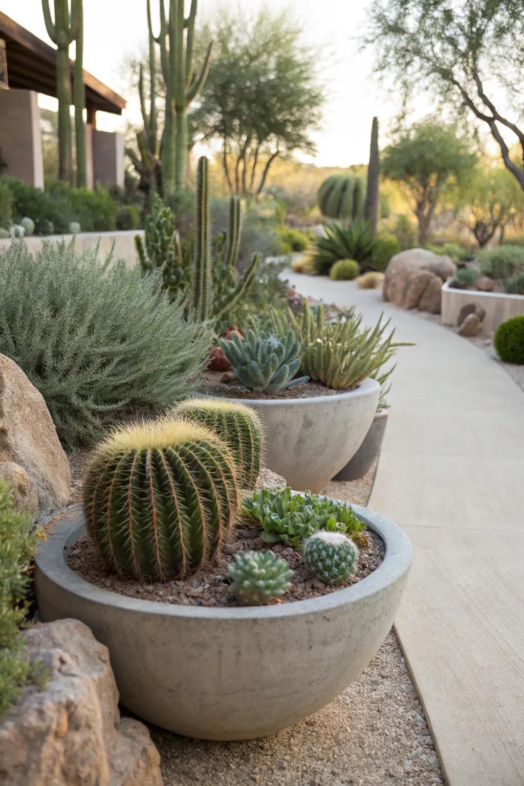 Fiberglass planters offer style and practicality in desert climates.