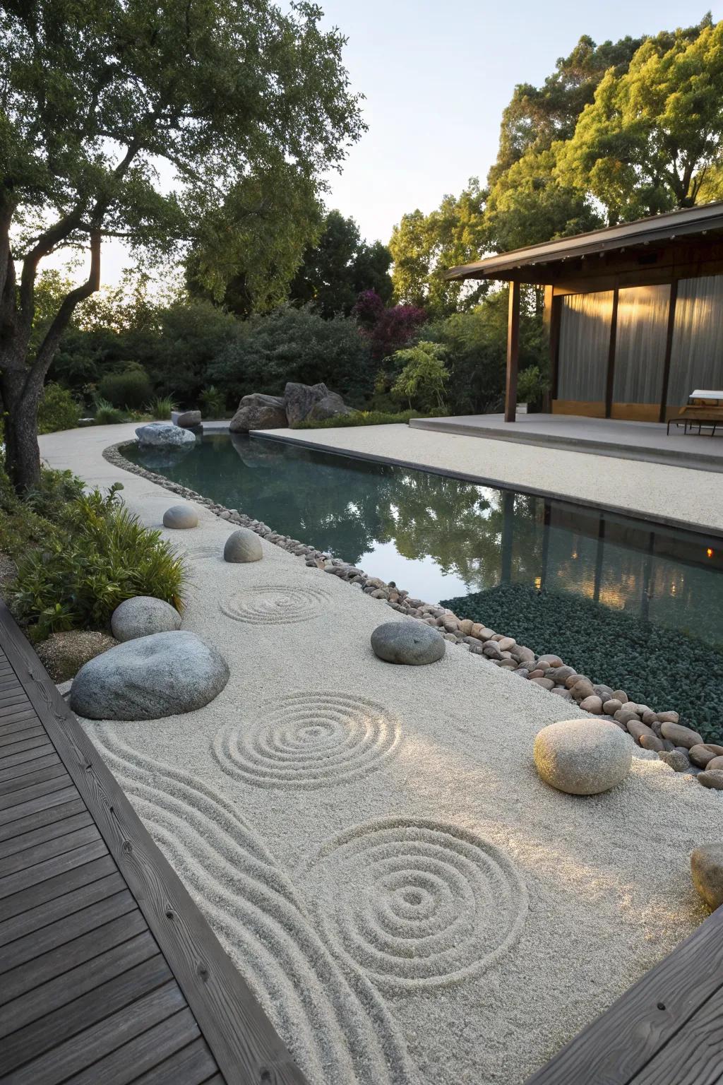 A Zen garden brings tranquility and balance to your poolside setting.