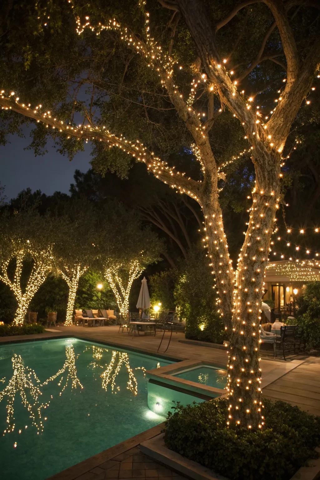 Twinkle lights in trees create a magical and serene environment.