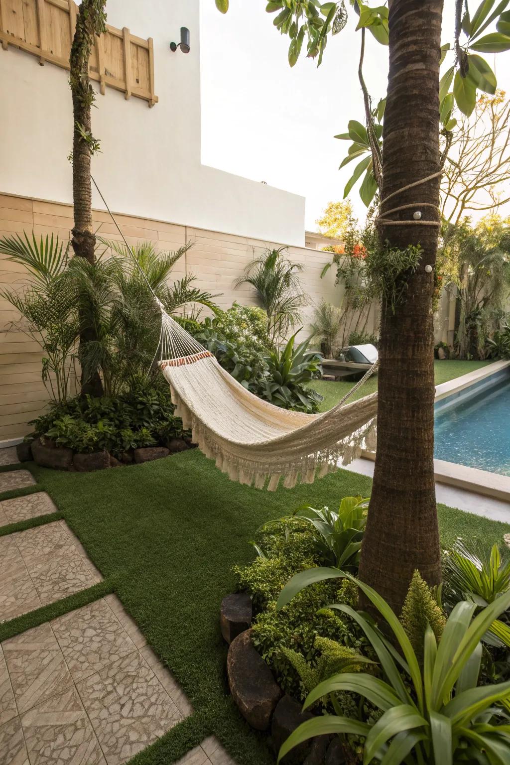 Design private nooks with soft artificial grass for relaxation.