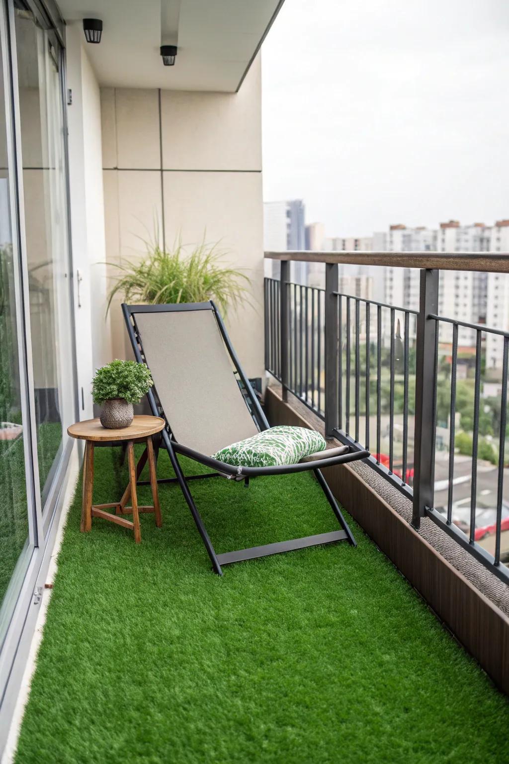 Design a chic lounge area with artificial grass for ultimate relaxation.