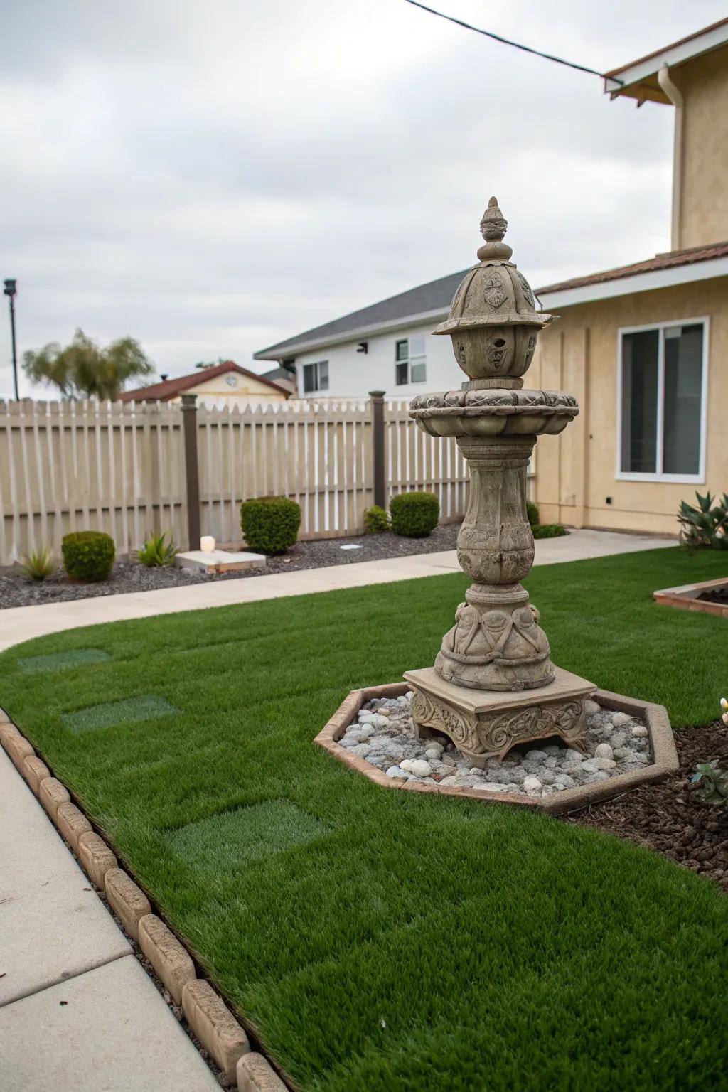 Outdoor art pieces add a personal touch to your artificial grass yard.