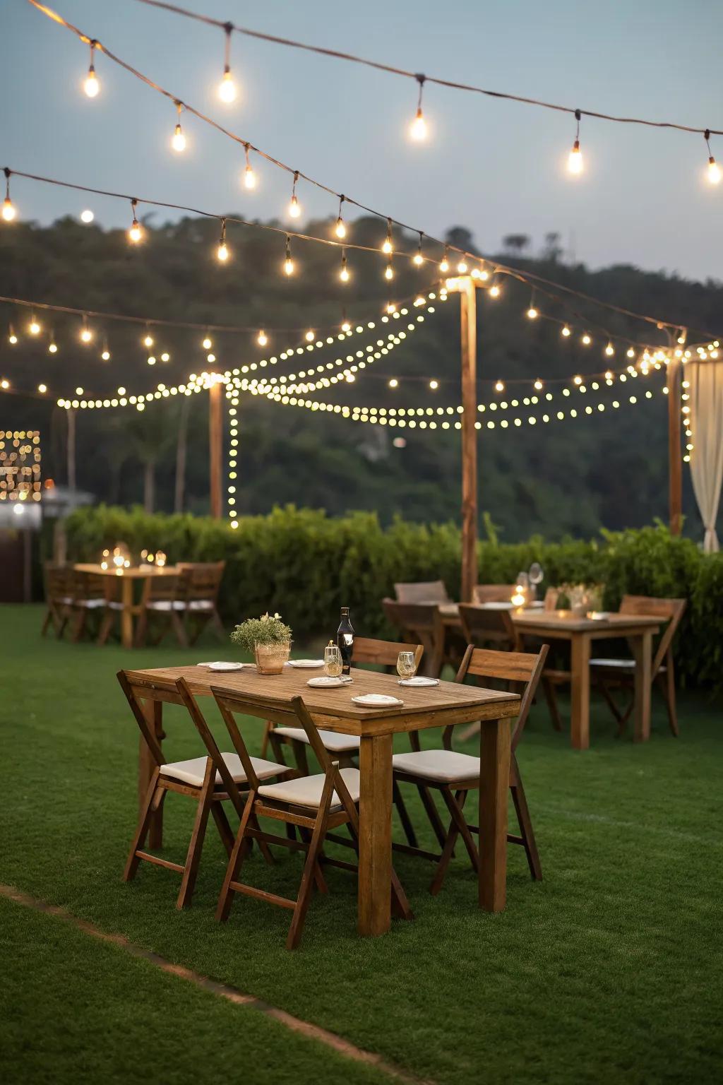 Dine under the stars with a magical setup on artificial grass.