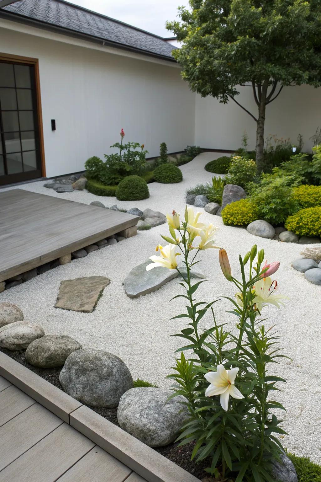 A zen garden with the elegance of Asiatic lilies.