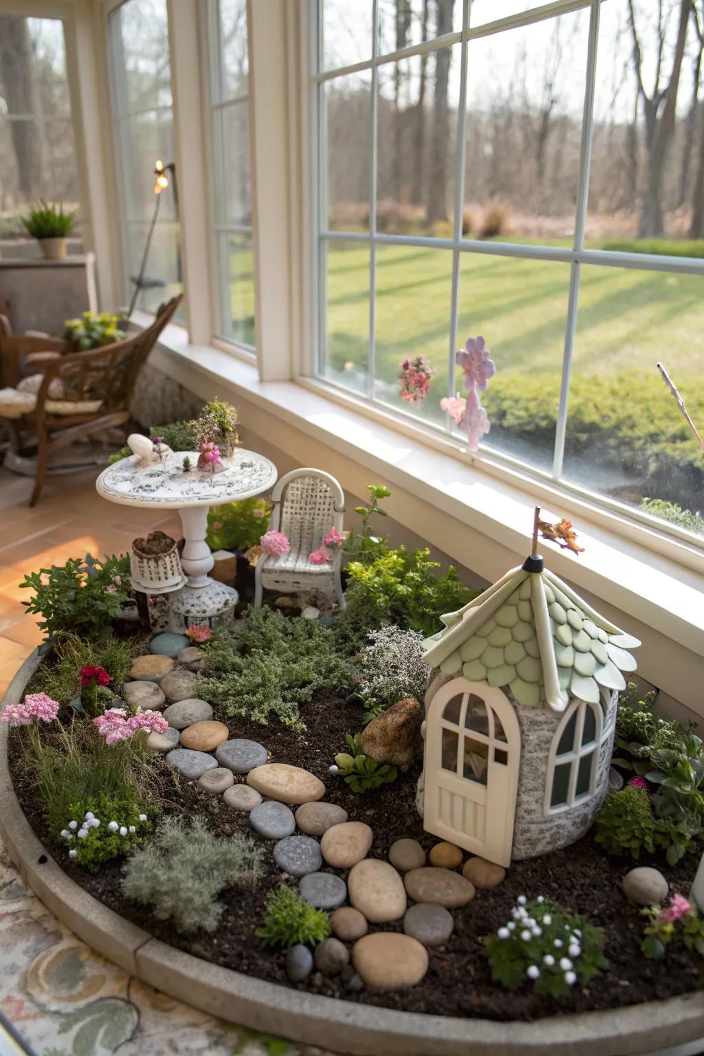 A whimsical fairy garden adds magic to a sunroom