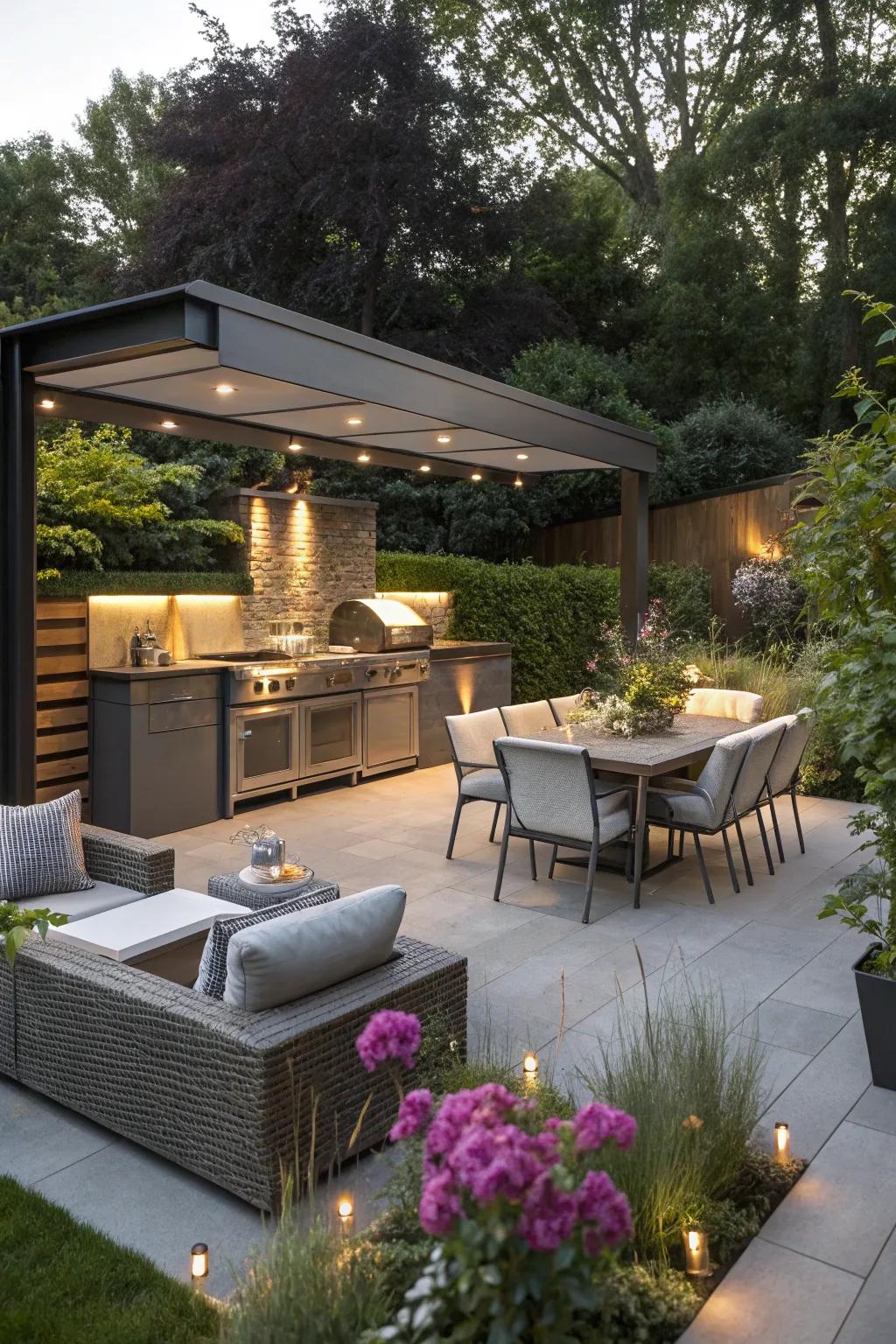 A patio equipped with an outdoor kitchen for ultimate entertainment.