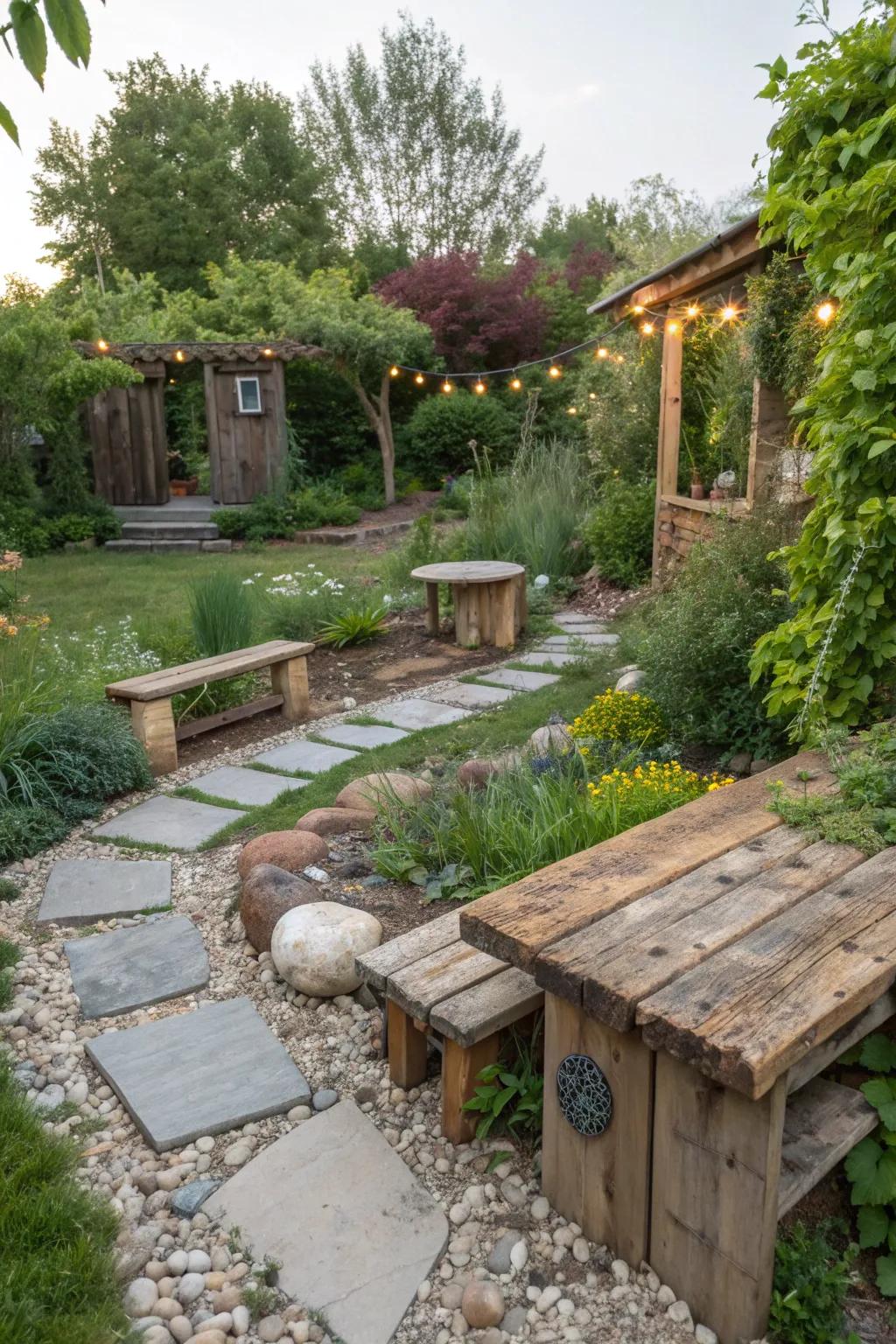 Recycled materials adding character and sustainability to the garden.