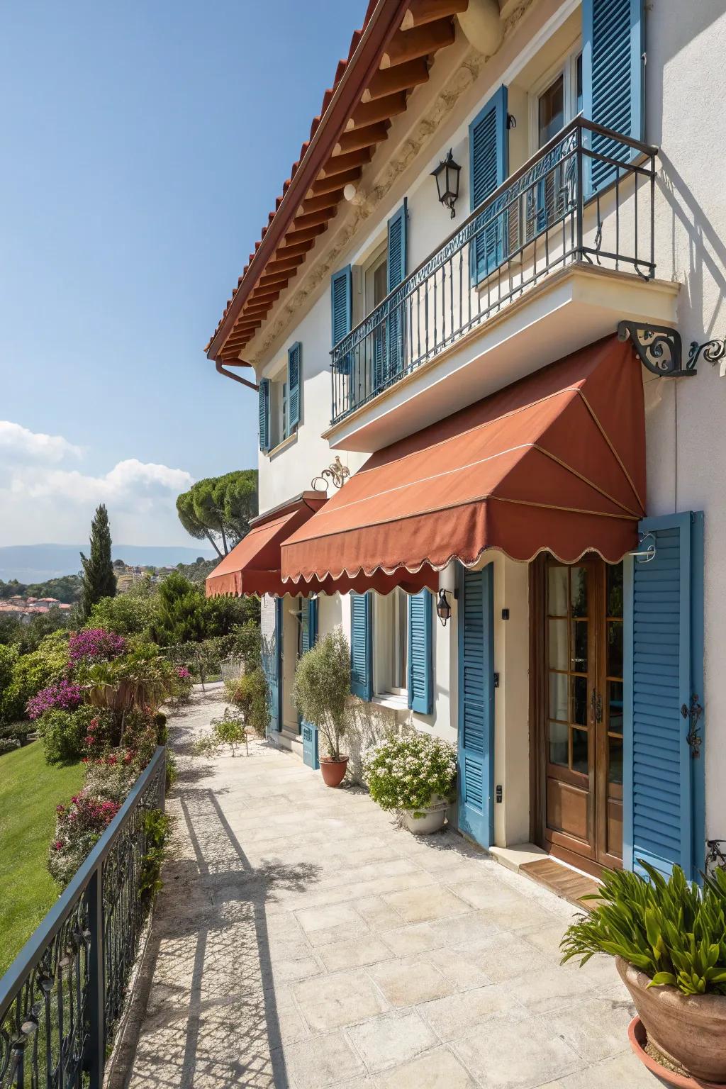 Terracotta awnings add a warm, exotic touch to this home.