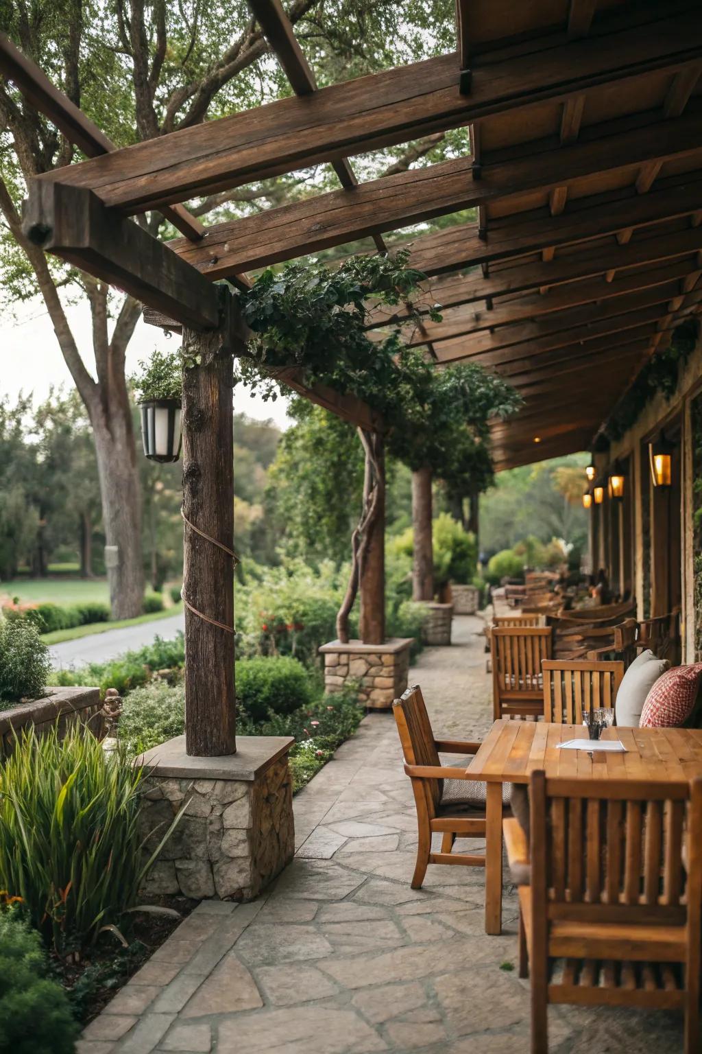 Embrace timeless elegance with rustic wood awnings.