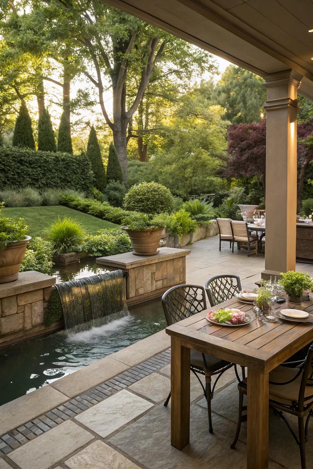 A tranquil water feature adds a soothing touch to this serene back patio kitchen.