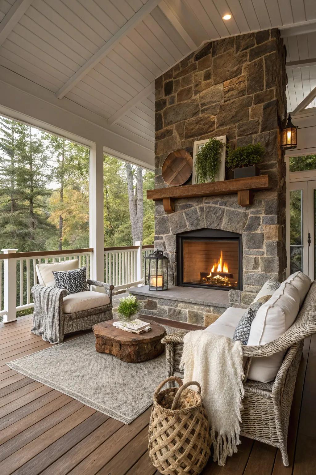 Layered textures create depth and interest on the porch.