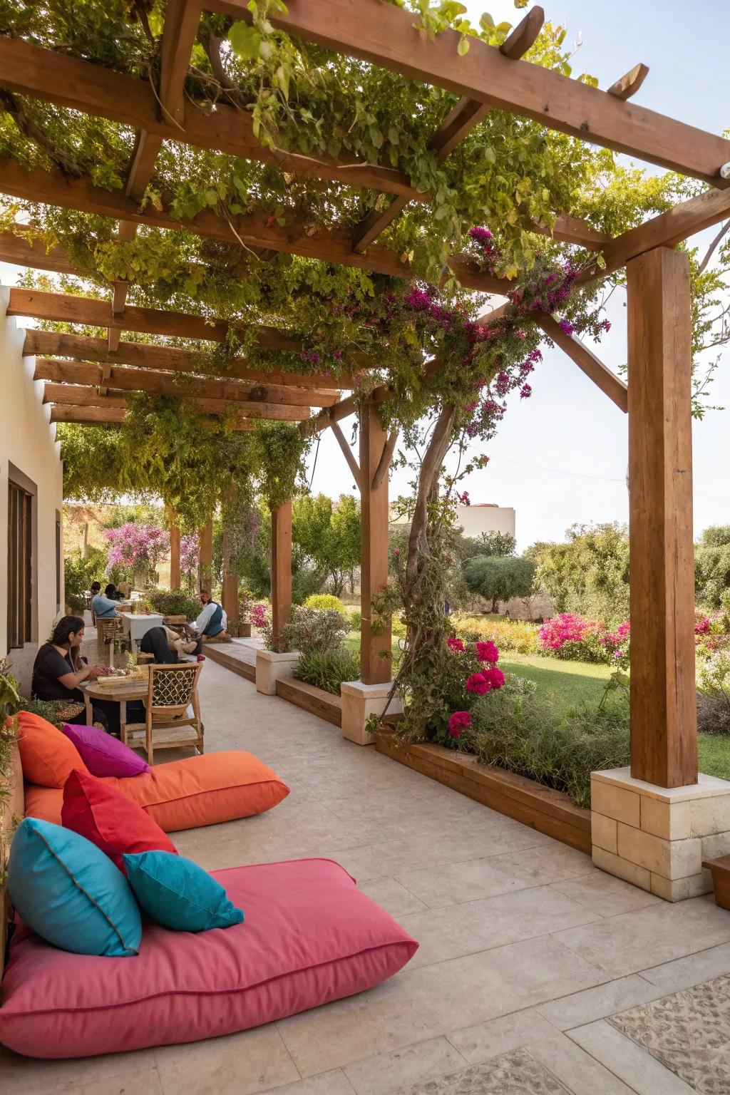 A pergola brightened with colorful accents and cushions.