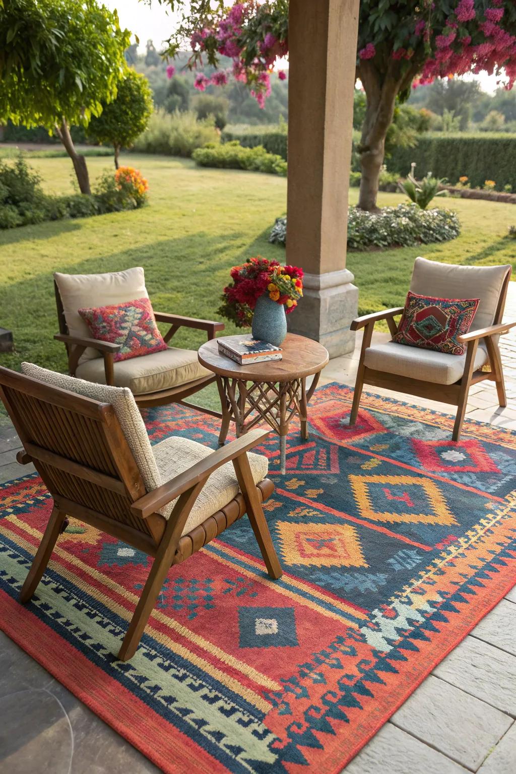 An outdoor rug adding color and definition to the seating area.