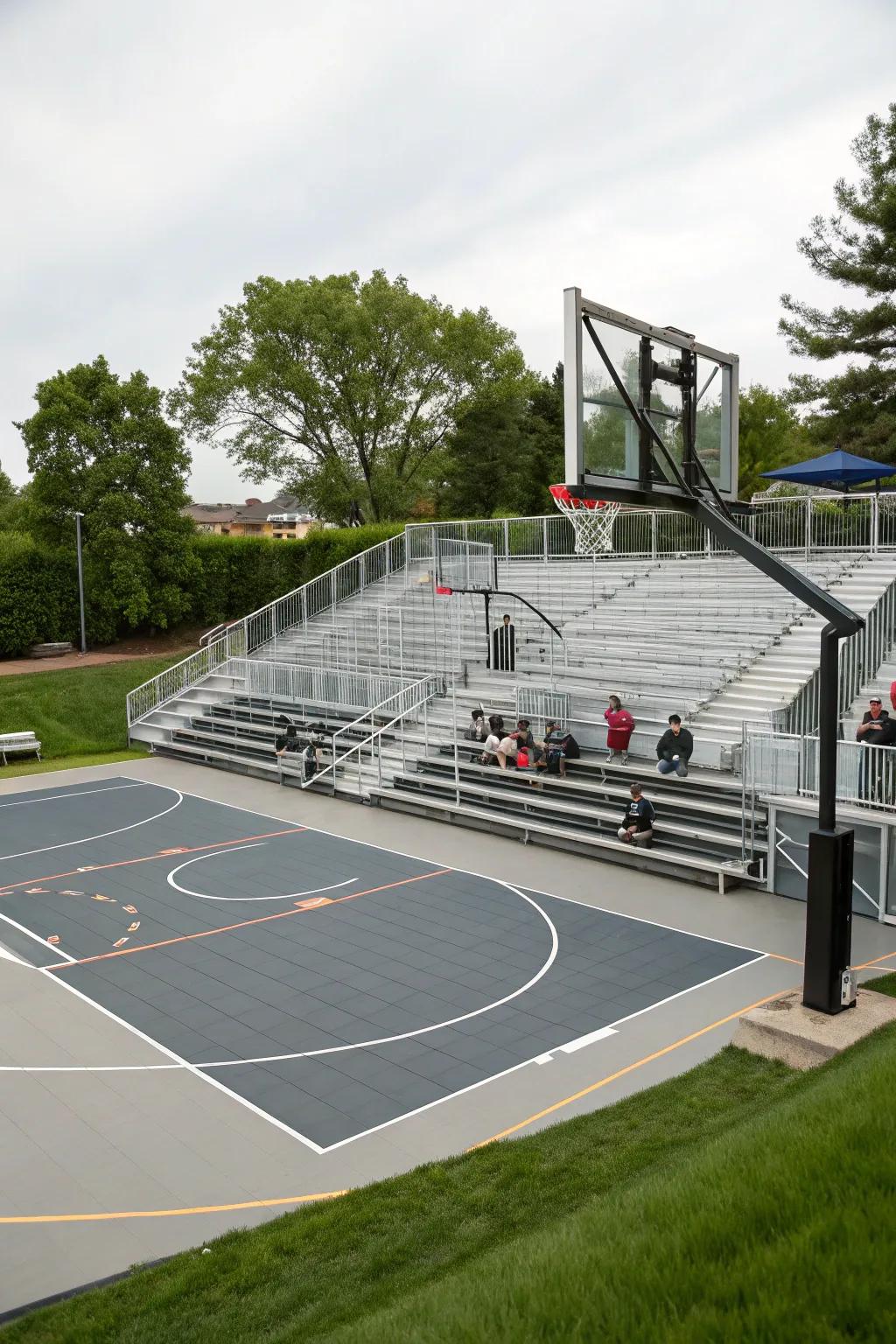 A basketball court with stadium-style seating for an immersive experience.