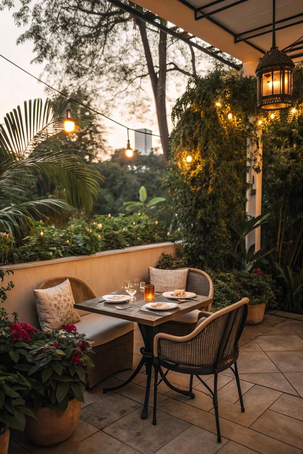 A dining nook provides a cozy spot for enjoying meals outdoors.