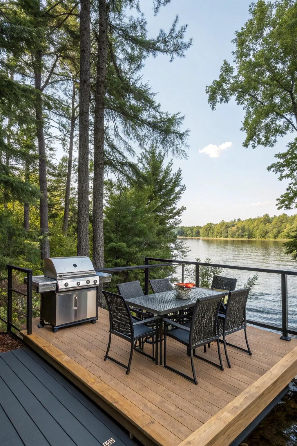 A floating deck provides a fresh take on outdoor BBQ setups.
