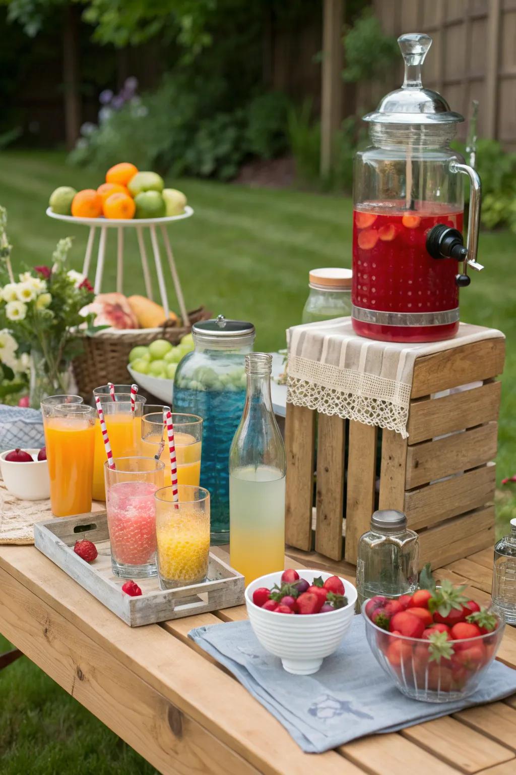 Backyard DIY drink station with various juices, mixers, and colorful garnishes.