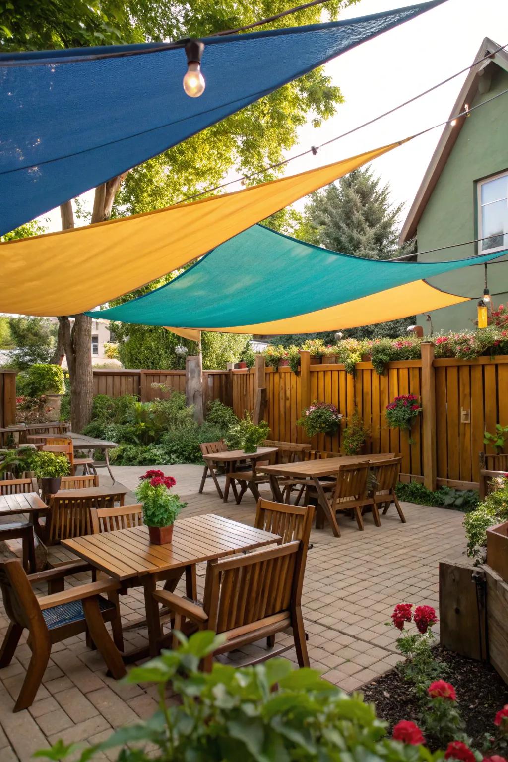 Shade sails provide comfort and a splash of color.