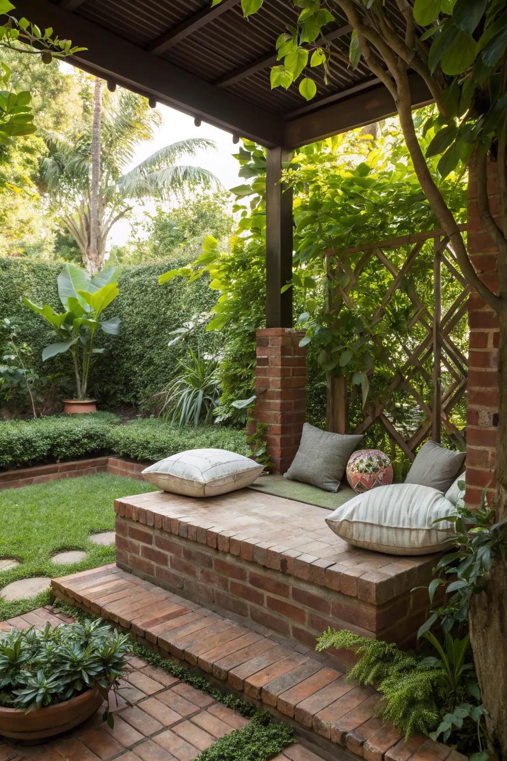 A brick meditation spot offers peace and relaxation.