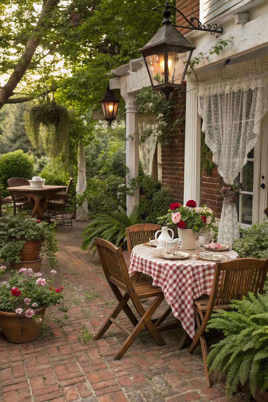 Vintage elements bring nostalgic charm to a brick patio.