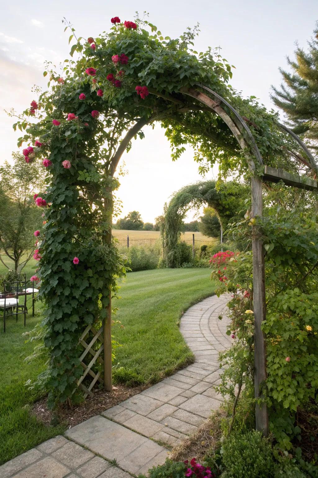 A garden archway adds a romantic element to pathways.