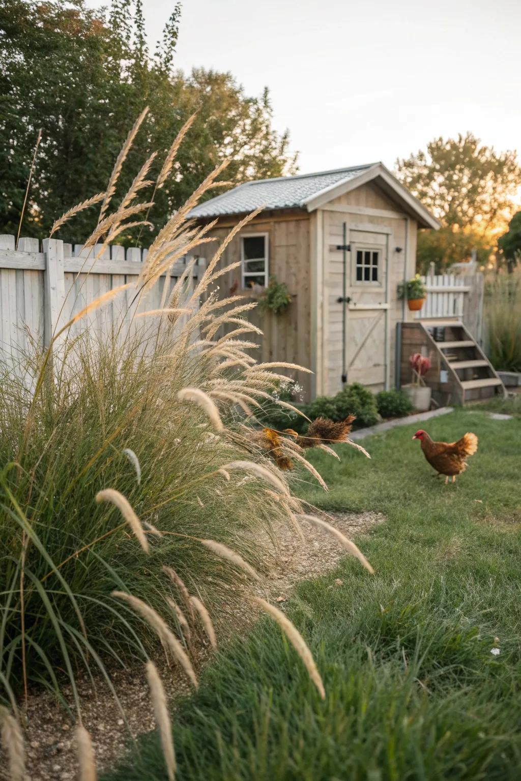 Ornamental grasses add texture and movement to the coop area.