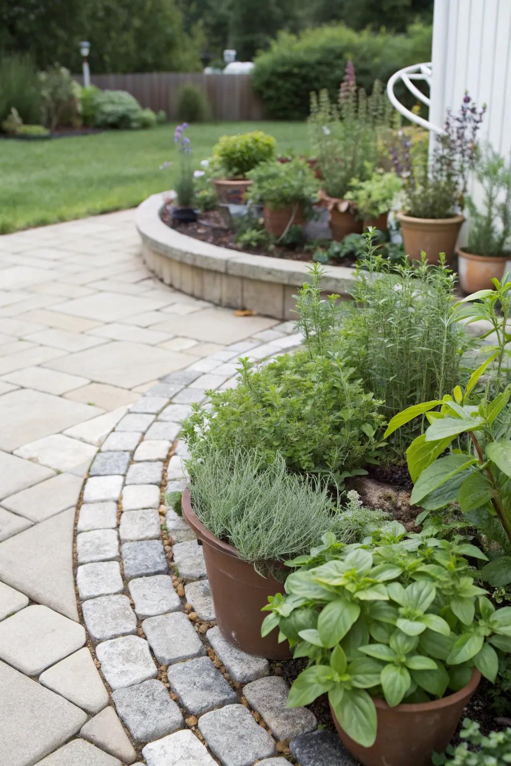An aromatic herb garden complementing a circular patio.
