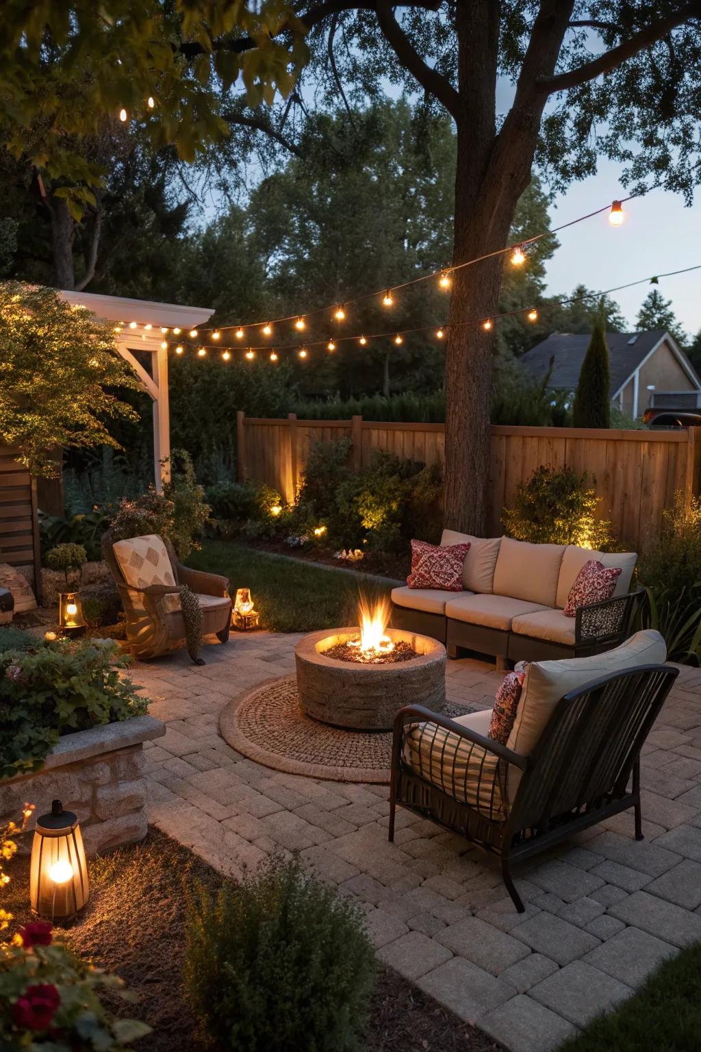 A cozy fire pit surrounded by seating invites relaxation.